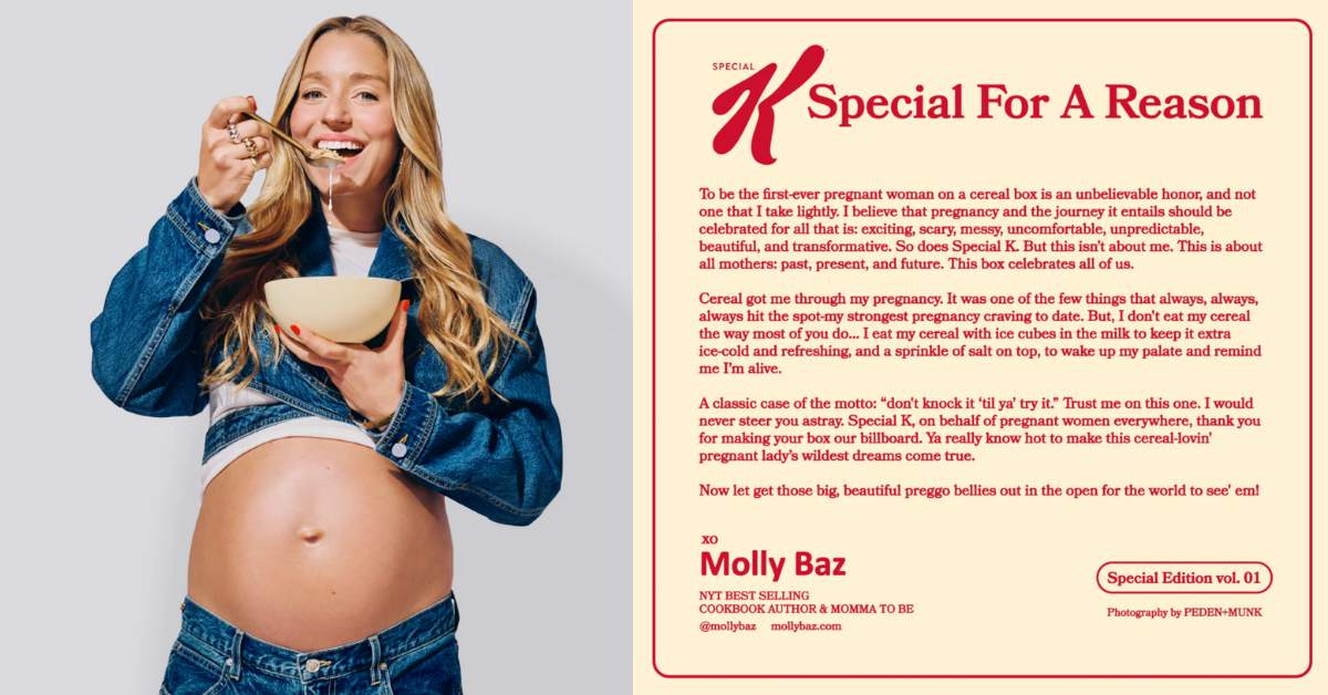 Kellogg’s is celebrating and empowering expectant mothers across the US by featuring a pregnant best-selling cookbook author Molly Baz on the front of its Special K cereal box.