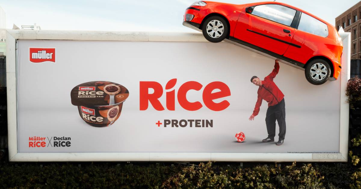 The latest campaign pushes the idea that Muller Rice Protein helps power people through everyday scenarios dramatically as Declan Rice demonstrates super-human strength with tongue-in-cheek hyperbole.