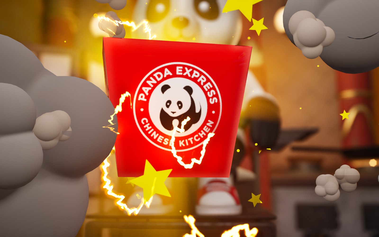 A Panda Express takeout box in a game scene with stars and smoke