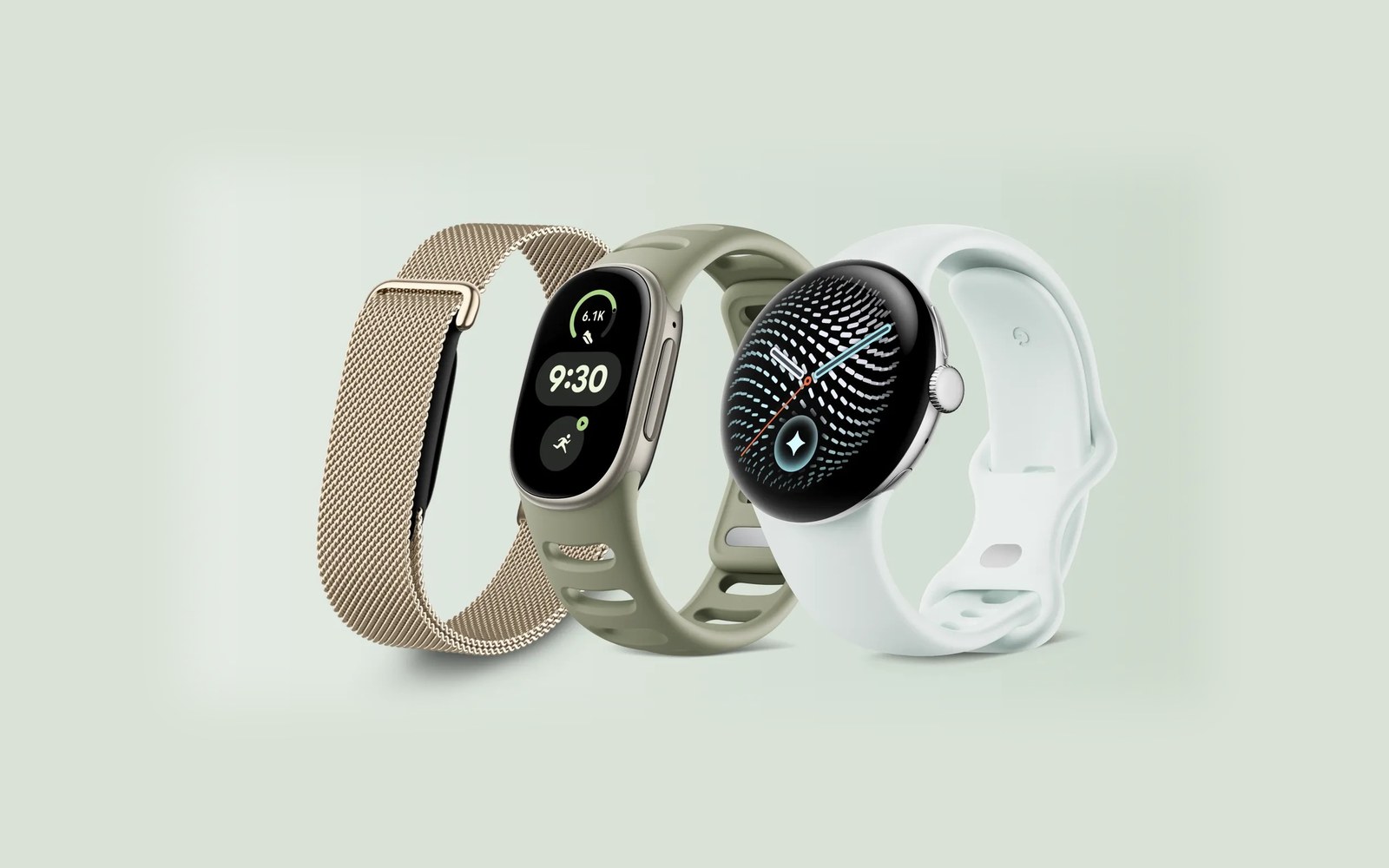Three Google Health wearables side by side: a gold mesh band, a green sport-band tracker and a Pixel Watch