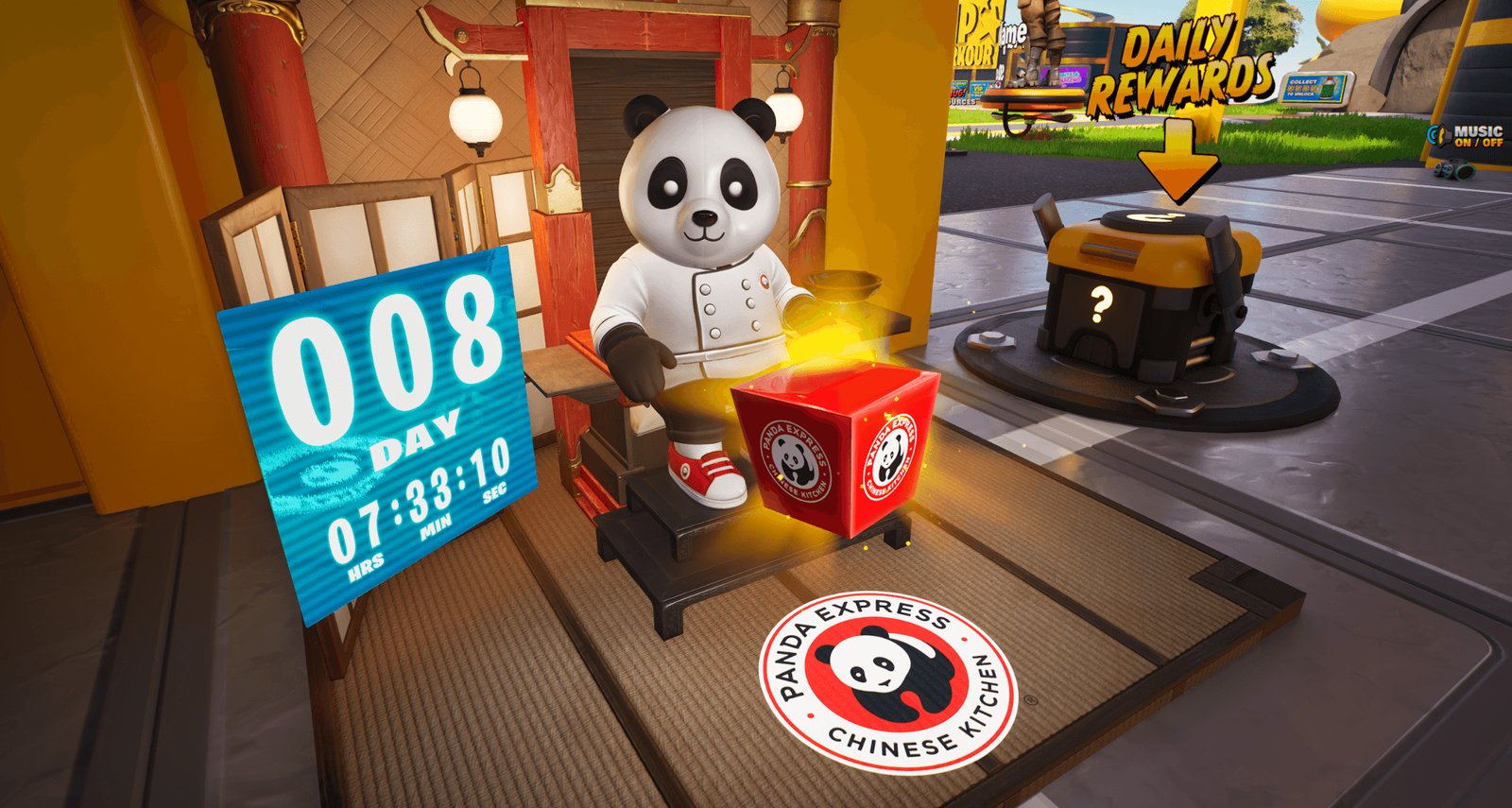 The Panda Express mascot character beside a day counter and reward chest in a game scene
