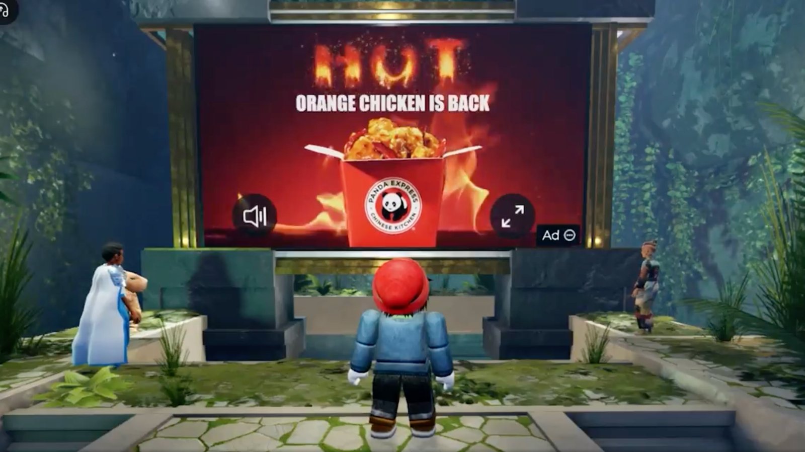 A game character facing an in-game screen announcing that Hot Orange Chicken is back