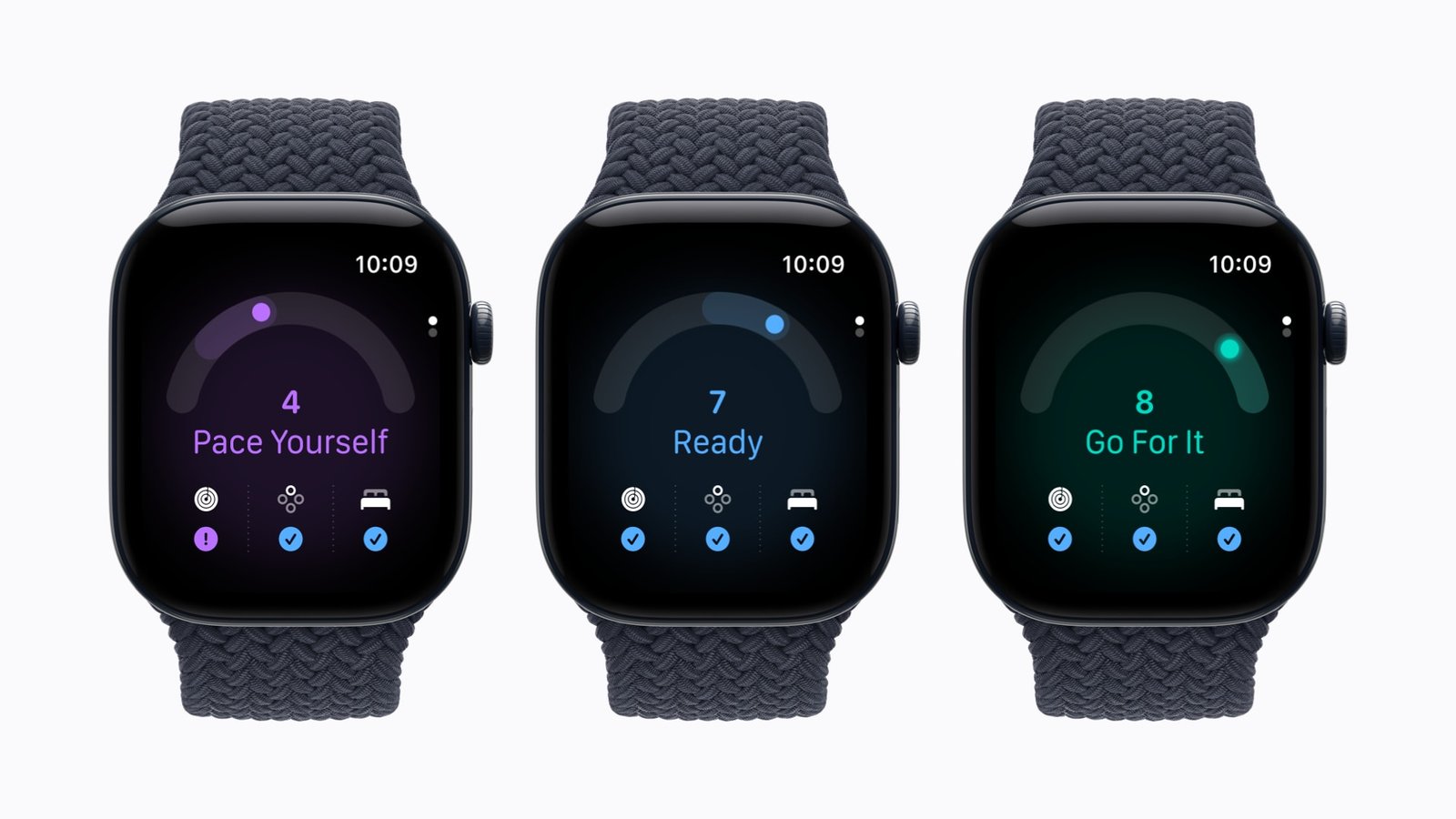 Three Apple Watch screens showing Readiness scores with the recommendations Pace Yourself, Ready and Go For It