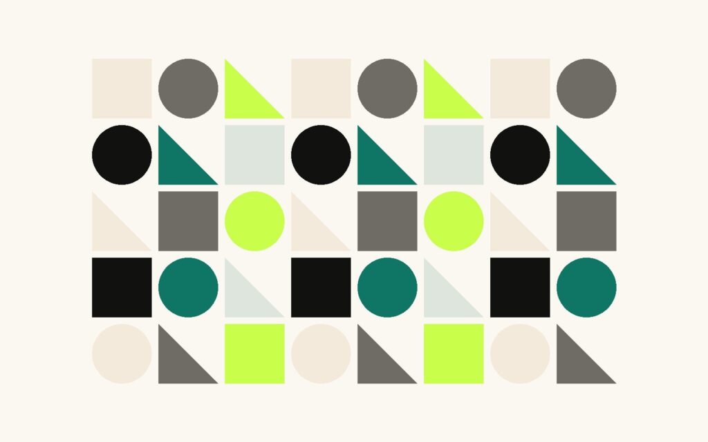 Abstract grid of squares, circles and triangles in the BTC palette